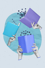 Poster 3d pop image picture collage of human hands hold books interesting story fairytale novel isolated on drawing background