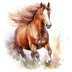 Beautiful horse watercolor painting, a brown stallion galloping across a meadow or desert on a white background