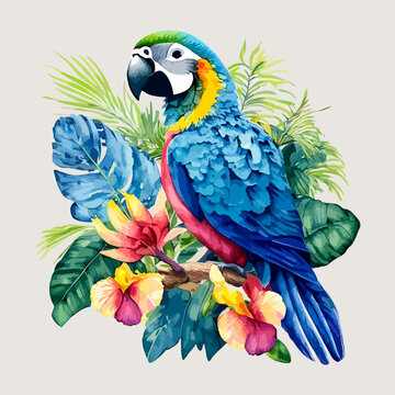 tropical  bird blue macaw with tropical flowers vector watercolor