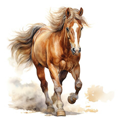 Beautiful horse watercolor painting, a brown stallion galloping across a meadow or desert on a white background