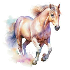 Beautiful horse watercolor painting, a colorful stallion galloping across a meadow or desert on a white background