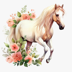 Naklejka na ściany i meble a magnificent horse on flowery meadow. cute watercolor clipart. sample. close up. clip-art.