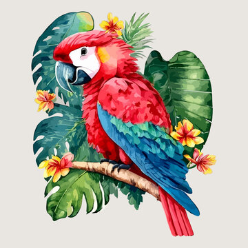 tropical  bird red macaw with tropical flowers vector watercolor
