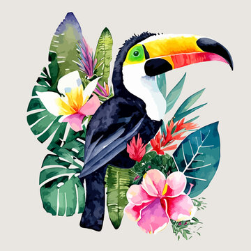 tropical bird toucan with tropical flowers vector watercolor