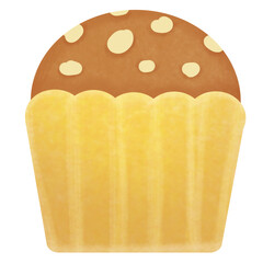 Drawing of banana cupcake with almond topping isolated on transparent background for usage as an illustration, food, snacks, bakery and eating concept