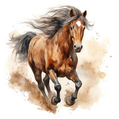 Obraz premium Beautiful horse watercolor painting, a brown stallion galloping across a meadow or desert on a white background