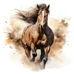 Beautiful horse watercolor painting, a brown stallion galloping across a meadow or desert on a white background