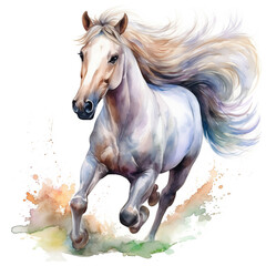 Obraz na płótnie Canvas Beautiful horse watercolor painting, a white stallion galloping across a meadow or desert.