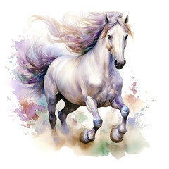 Fototapeta na wymiar Beautiful horse watercolor painting, a white stallion galloping across a meadow or desert.