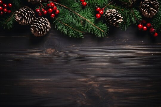 Pine cones and red berries on a wooden background. Generative AI