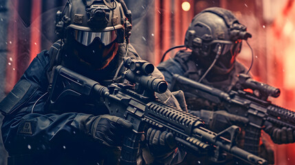 Fototapeta premium special forces squad with tactical gear, M4 rifles Generative AI