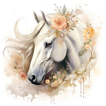 Head of a white horse with flowers. cute watercolor clipart. Template. Close-up. Clip art. Template.