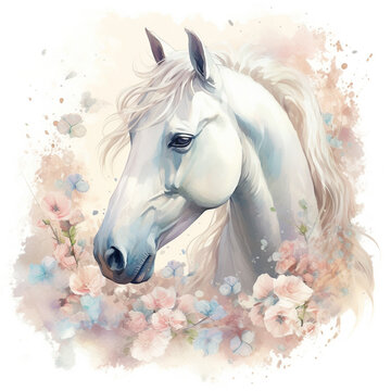 Head of a white horse with flowers. cute watercolor clipart. Template. Close-up. Clip art. Template.