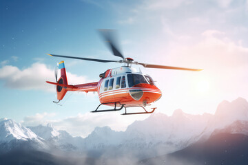Fototapeta na wymiar Concept of air ambulance, featuring a helicopter soaring in the sky. Air medical services delivering rapid response and emergency care in remote or hard to reach locations