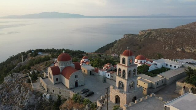 Drone shot, Greek Orthodox Monastery of Saint Savvas, Kalymnos, Dodecanese, Greece, Europe