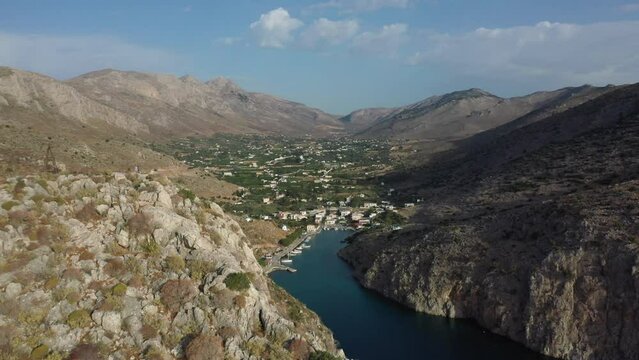 Drone shot, strait near Vathy, Vathifjord, Kalymnos, Dodecanese, Greece, Europe