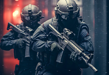 Fototapeta na wymiar special forces squad with tactical gear, M4 rifles Generative AI