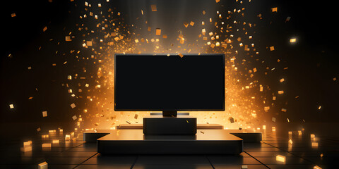 Borne multimédia et podium sur fond festif avec écran noir pour incrustation