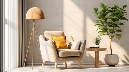 Fototapeta na wymiar an armchair in a bright modern minimalist interior against a wall background. Generative AI