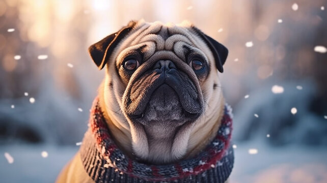 pug winter greeting card. Generative AI