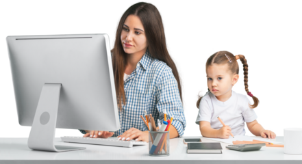 Happy busy mother working with a child on laptop