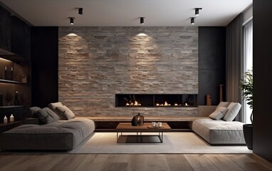 Minimalist Interior with Stone-Tiled Decorated Fireplace. Generative AI