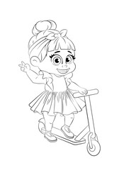 Engaging line art illustration of a cute girl on a scooter, ready for adventure, in a delightful cartoon style for children's coloring books