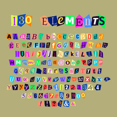 Letter, Number & Symbol Collage: Large Vector Set of Paper Clippings. Extensive collection of paper clippings with letters, numbers, and symbols for crafting collages and artistic designs.