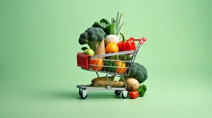 Shopping cart full of vegetables 3d. Grocery trolley with handle filling by vegetables. Pushcart from self-service shop