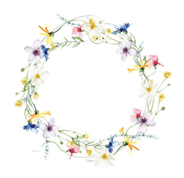 Watercolor painted floral wreath on white background. Yellow, blue, white and pink wild flowers. Vector illustration.