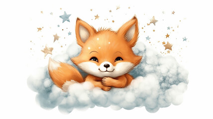 Fototapeta premium a fox cub sleeps on a cloud watercolor on a white background illustration. Generative AI