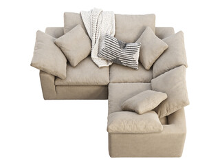 Modern beige fabric upholstery sofa with pillows and knitted plaid. 3d render.