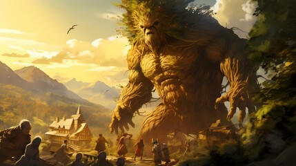 tree monster raiding the village