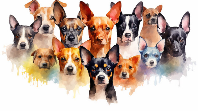 multicolored watercolor puppies on a white background. Generative AI