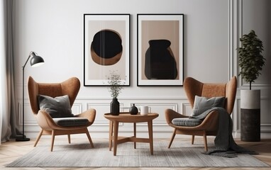 Two Armchairs in Room with White Wall and Big Frame. Generative AI