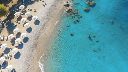 aerial panorama drone view beach line surf umbrellas and sun beds on the sand. Generative AI