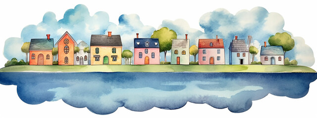 a row of multi-colored houses with a reflection of a watercolor drawing of clouds on a white background. Generative AI