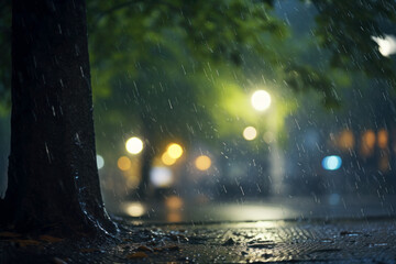 Heavy rain in the city. Tree on a blurred background. Photorealistic illustration of Generative AI.