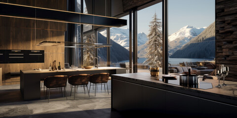 Kitchen interior of a high-tech chalet with panoramic windows and a view of the snow-capped mountains. Generative AI photorealistic illustration.