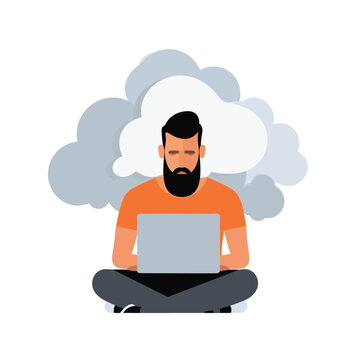 Depressed man under cloud working on laptop vector illustration isolated