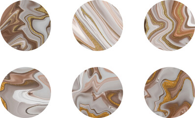 Round highlights covers with brown liquid and golden texture. Modern backgrounds for design social media, lifestyle, travel and beauty bloggers
