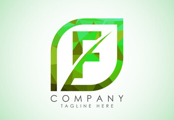 Initial F alphabet with abstract leaf. Eco-friendly logo concept. Low poly style