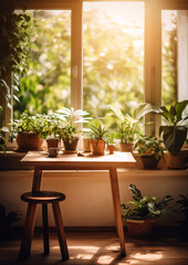 Generative AI, modern room with wooden table and home plants, top view, sunlight, window, background,  empty space for advertising goods, food, creativity, dining table, office, workplace, layout, eco