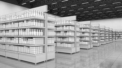 A shop space with shelves full of products. 3d illustration