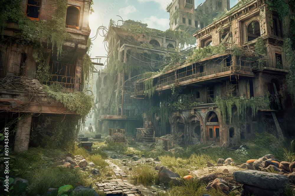 Poster old abandoned building in the jungle. generative ai