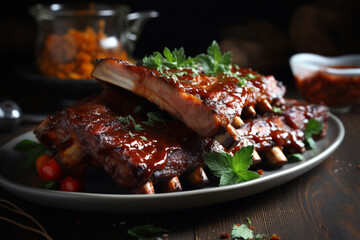 a plate of grilled ribs with barbecue sauce