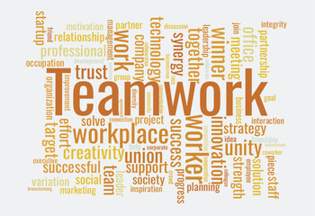 Illustration in the form of a cloud of words related to the Teamwork.
