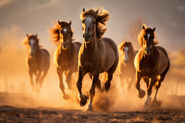 Fototapeta na wymiar Horses galloping through the savanna, generated photographic background, wild nature, African landscape, warm colours, ai generative
