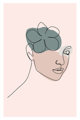 A woman's face  with a flower in the style of a continuous line. the concept of modern design. Vector illustration.
