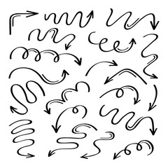 Super set different shape hand drawn arrows. Doodle style curved and squiggly arrows. Vector graphic design